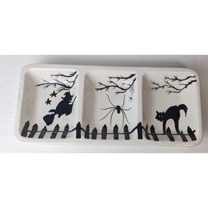Halloween heavy Ceramic serving platter divided Witch, cat, Spider decor as is